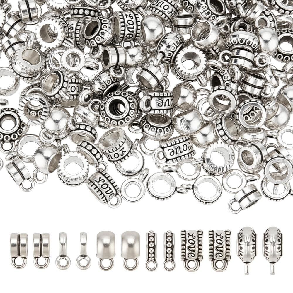 2172 180 Pcs 6 Styles Alloy Bail Beads Charms, Tibetan Silver Tube Bail